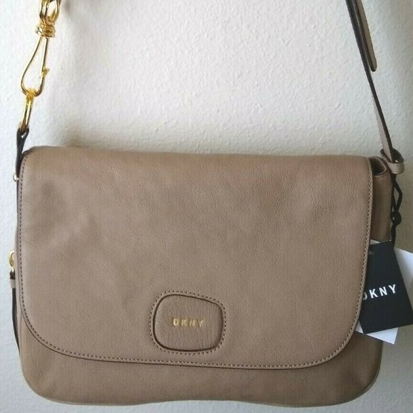 Dkny Handbags - NEW DKNY Leather Beige Tan Expandable Shoulder Cross body  Handbag